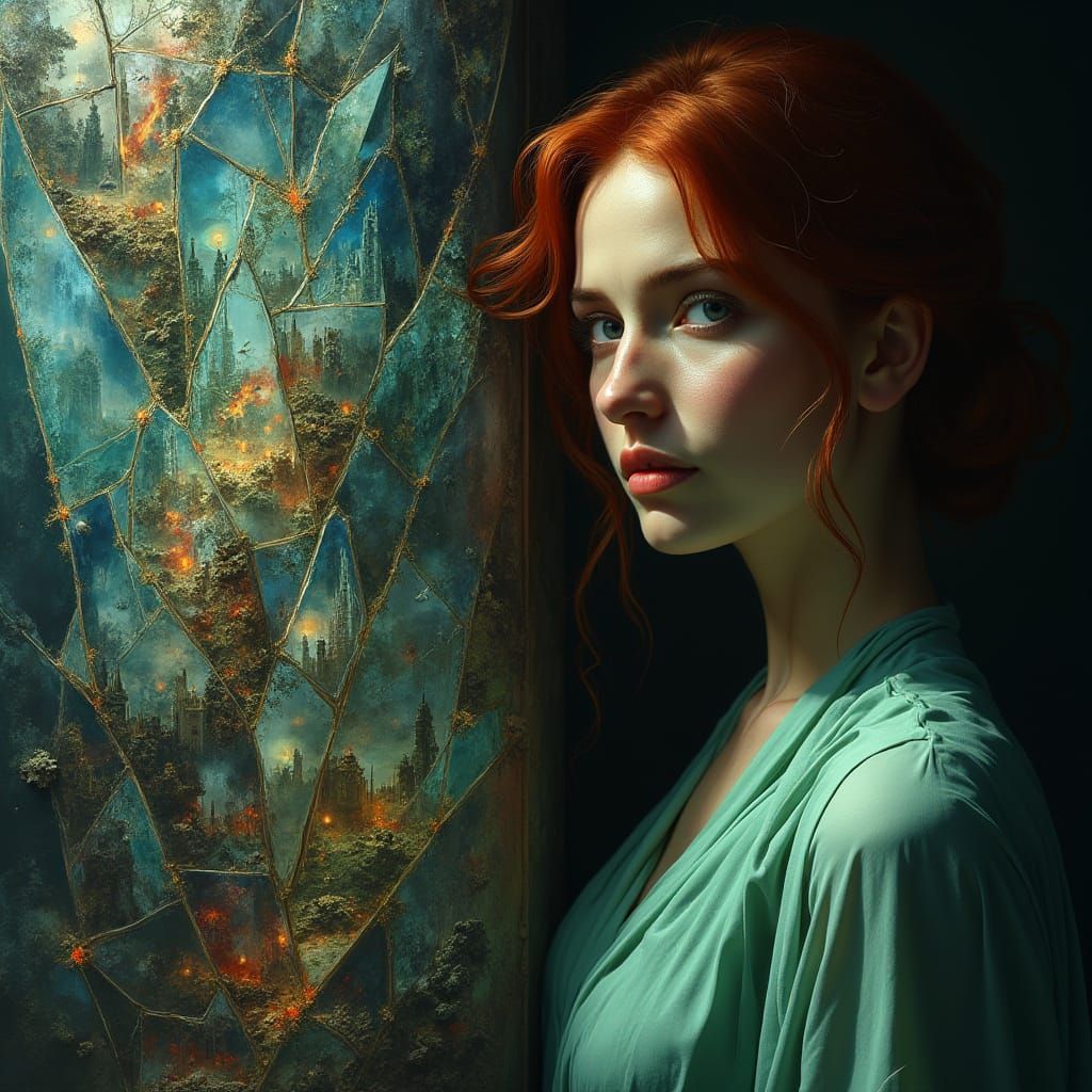 Cinematic Portrait of Woman Amidst Shattered Stained Glass