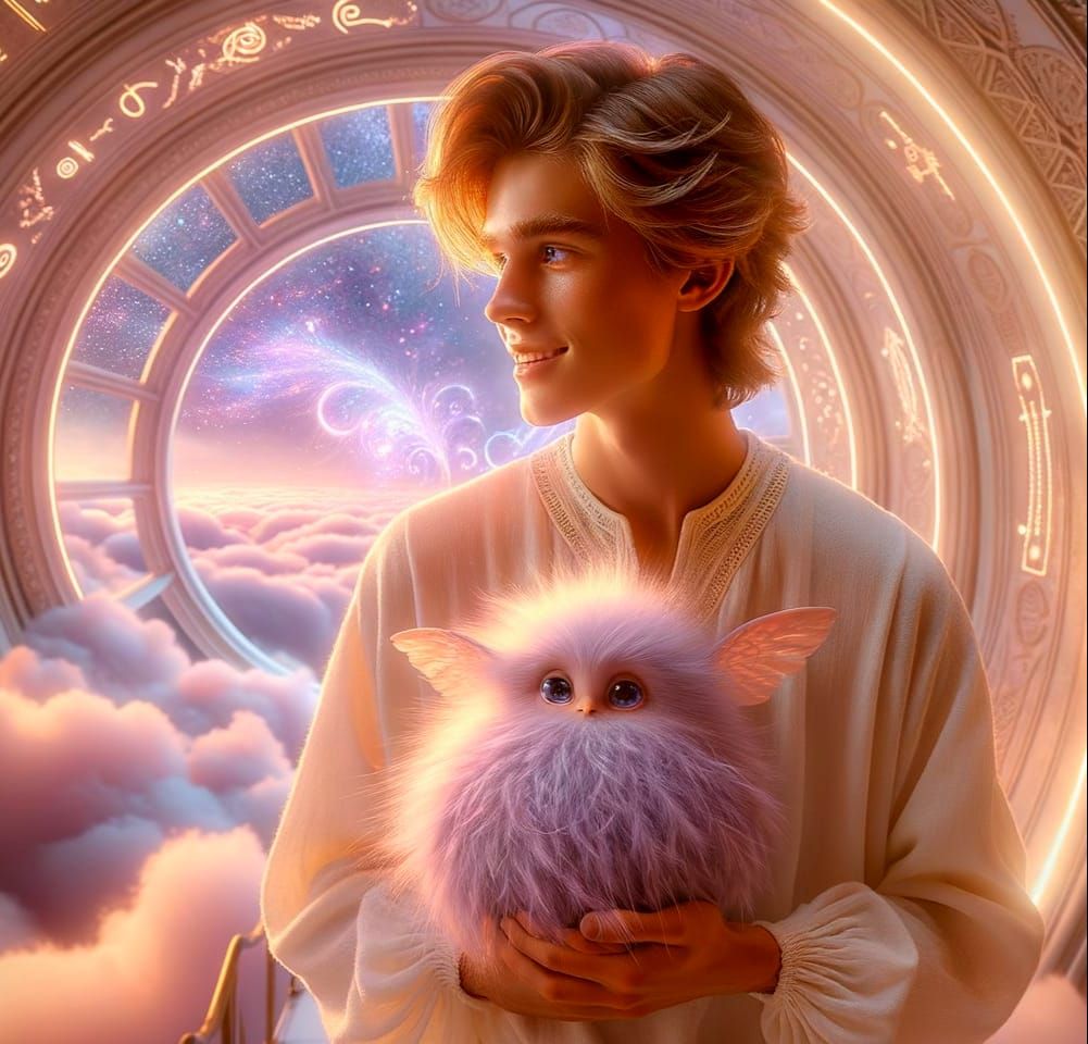 Youth and Fairy Creature in Spaceship Interior