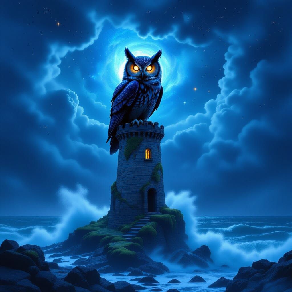 Obsidian Owl on Crumbling Lighthouse in Cosmic Storm