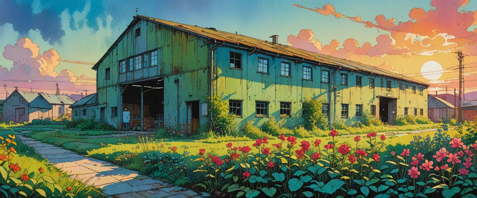 Abandoned Warehouse Bathed in Bright Morning Sunlight