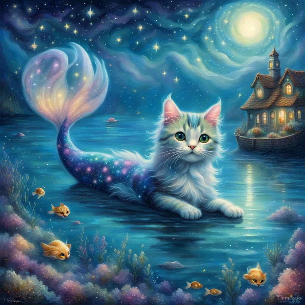 Cute Mermaid Cat in Starry Ocean, Fantasy Art