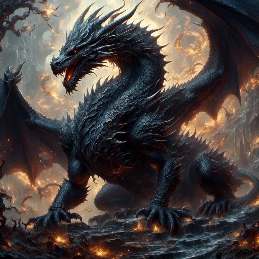 Epic Fantasy Black Dragon in Hyperealistic Masterpiece Style