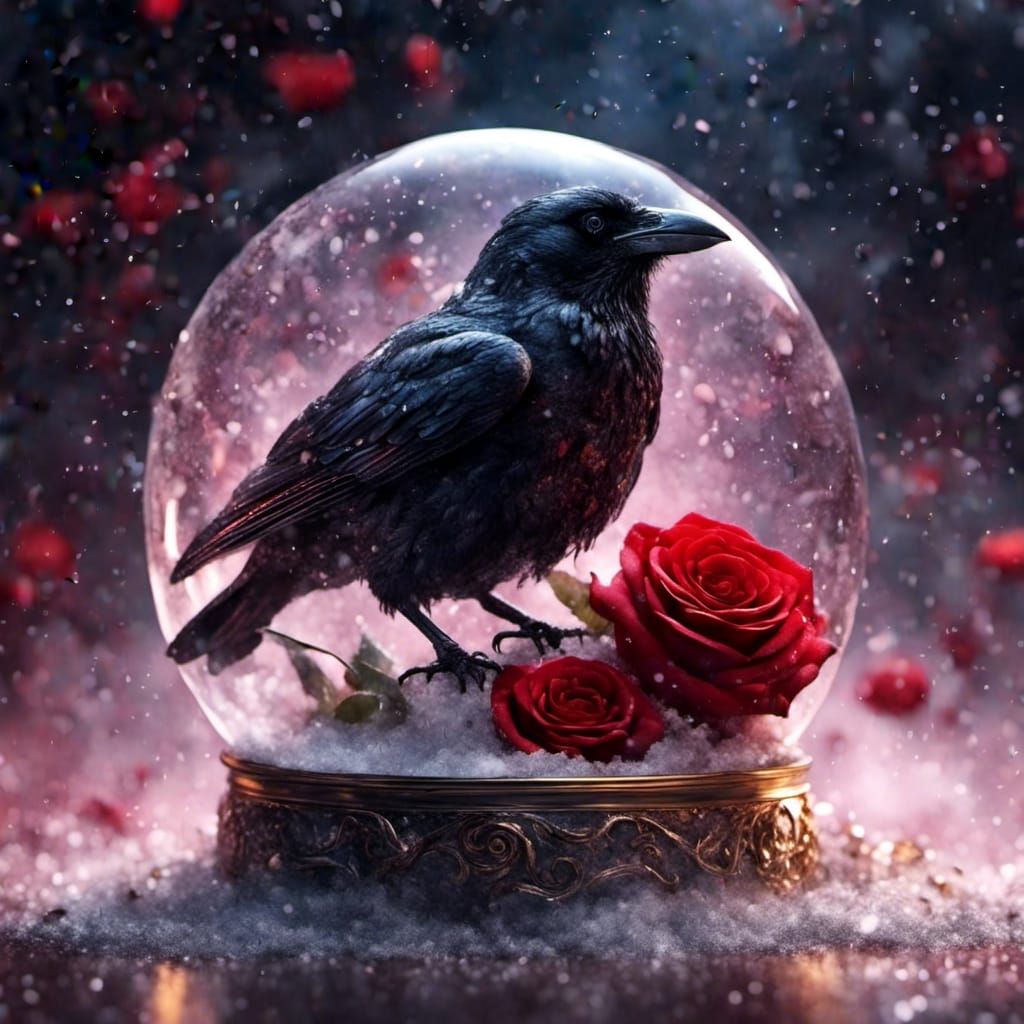 Raven and Skull Snow Globe in Hyperrealistic Romanticism