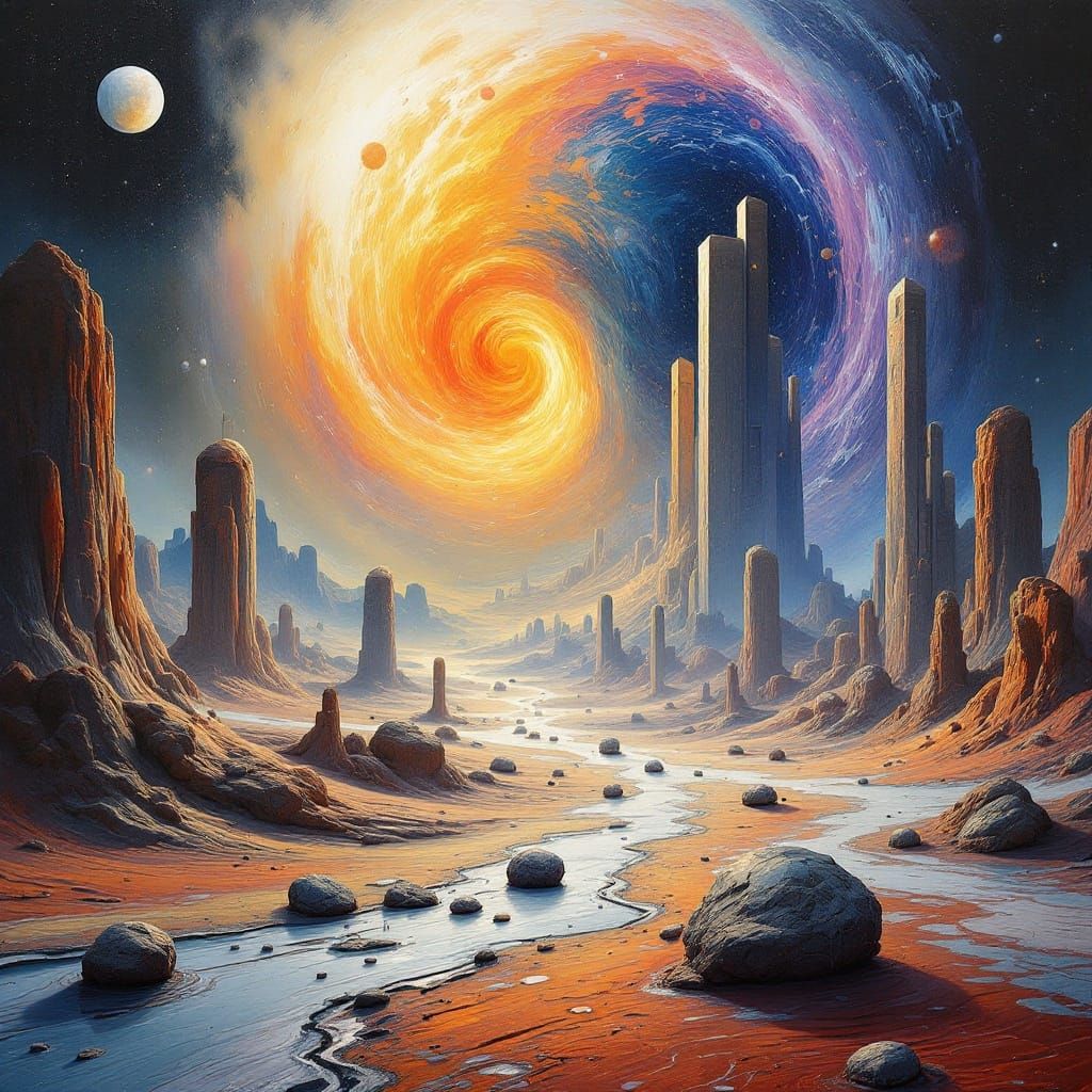 Surreal Cosmic Realm in Oil on Canvas Style
