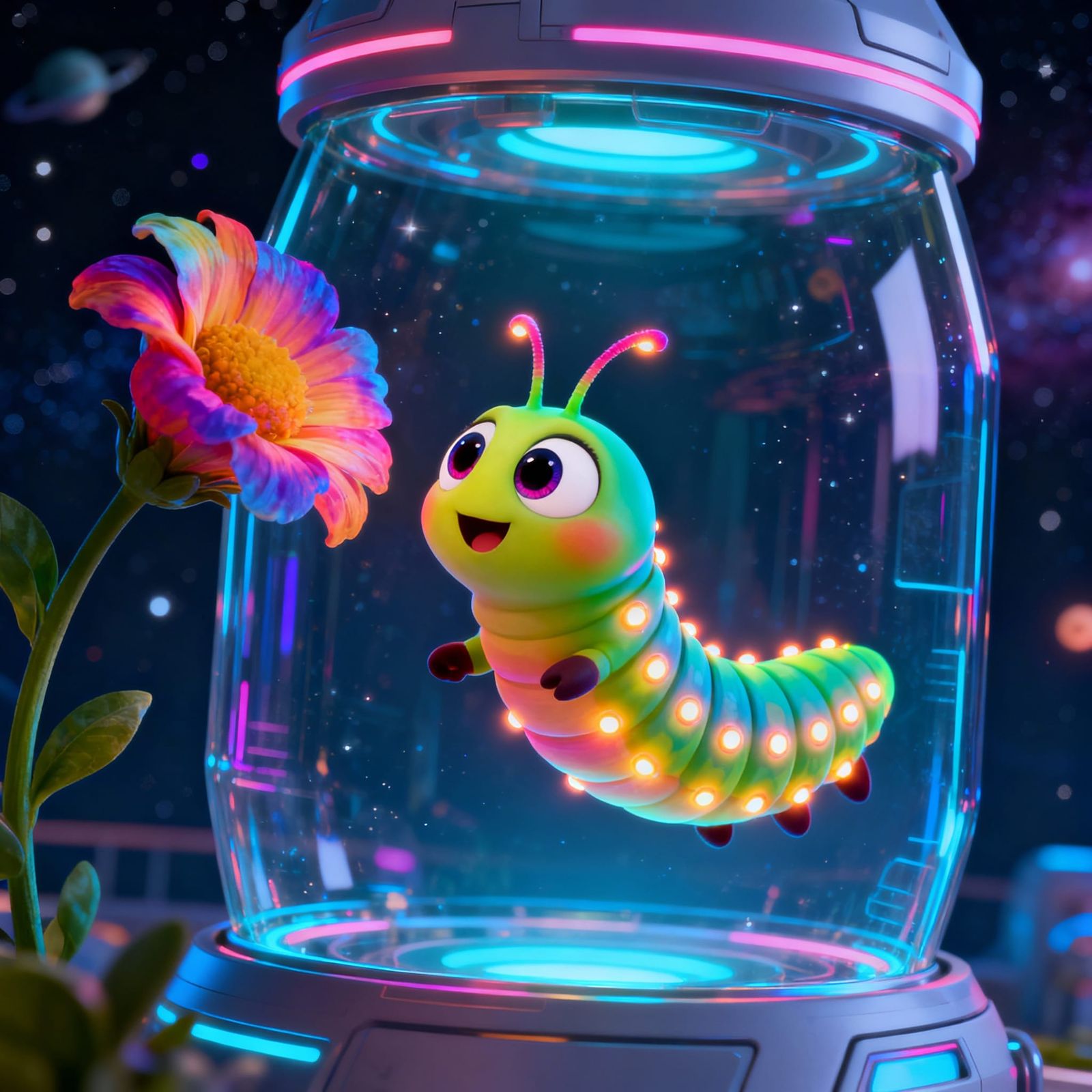 Neon Caterpillar in Space Pod, Disney Style