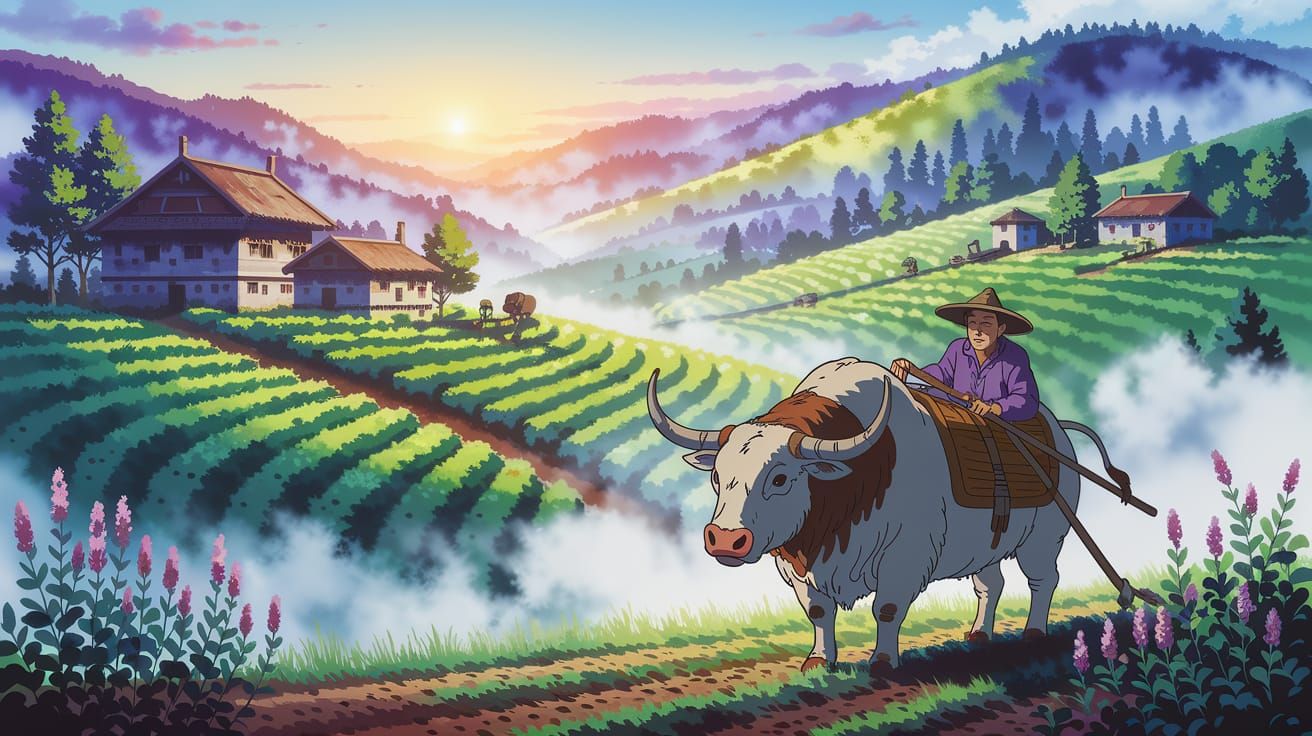 Watercolor of Chinese Villager Plowing Fields with Ox