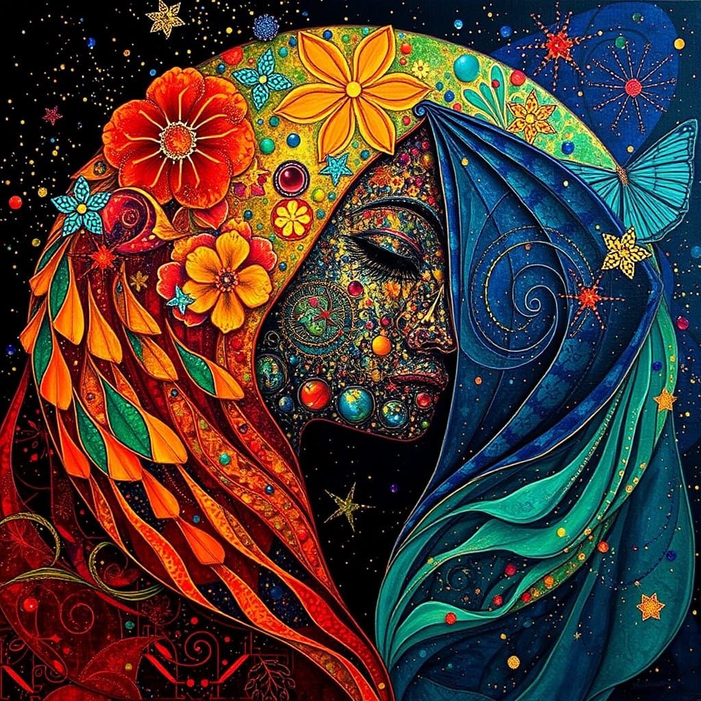 " Pintura metafísica hiperdetallada. Reylia Slaby, puntillismo de James R.Eads, Pablo Amaringo. "