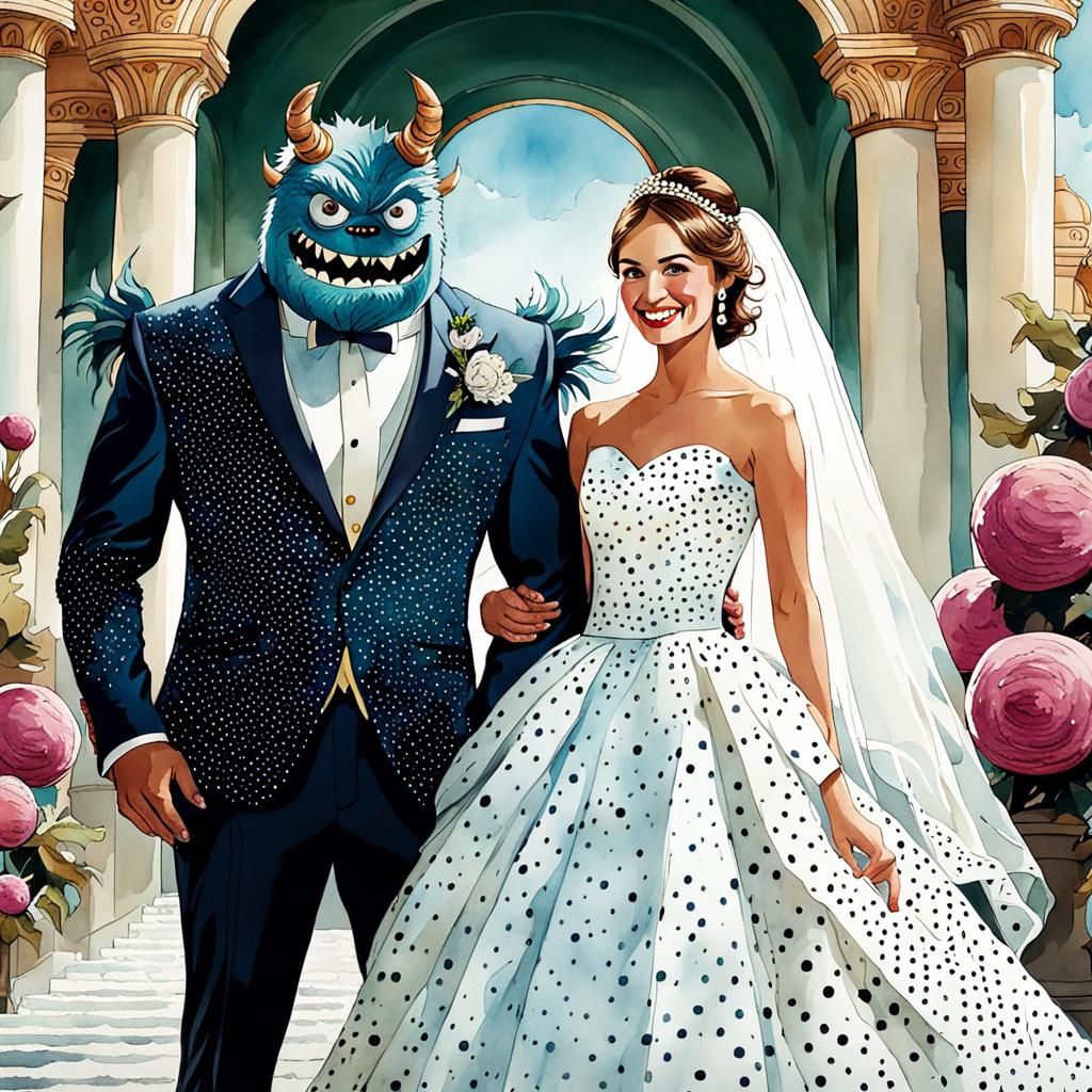 Whimsical Watercolor Wedding Photo with Monster Photobomb