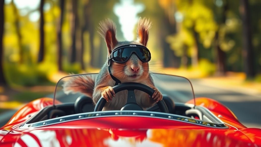 Squirrel Driver in Red Sports Car, Hyper-Realistic Photo