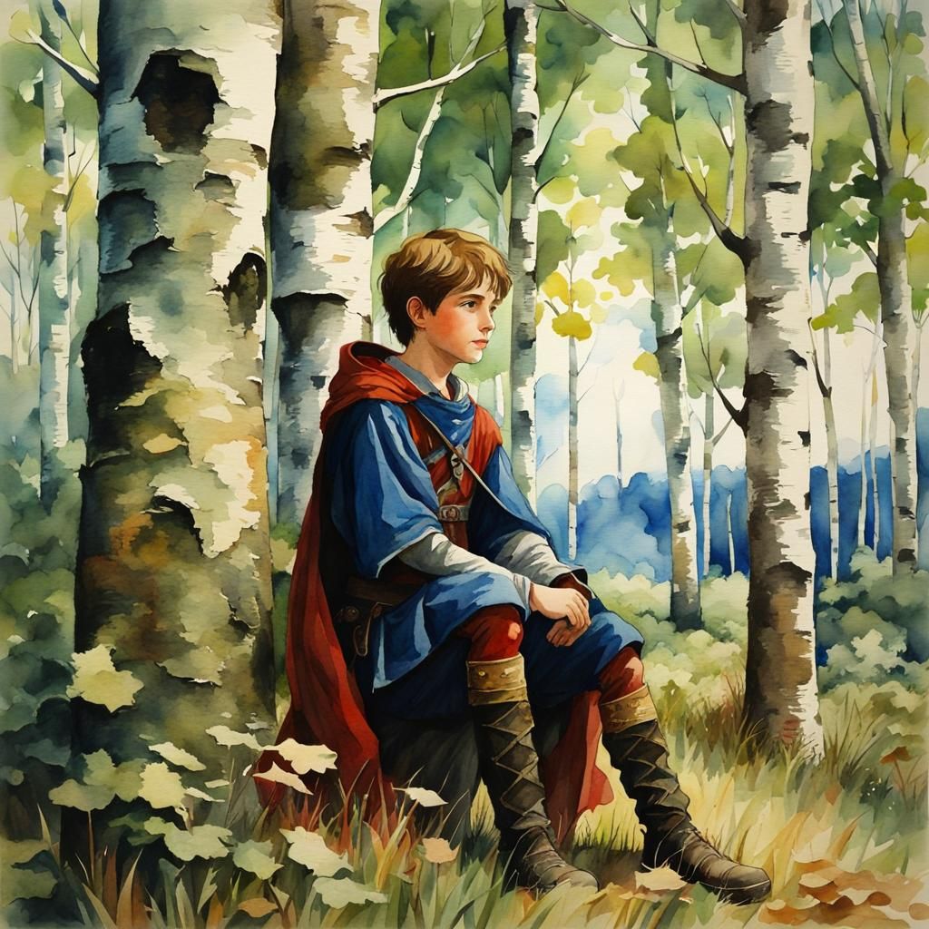Medieval Boy in Birch Forest, Watercolor Style