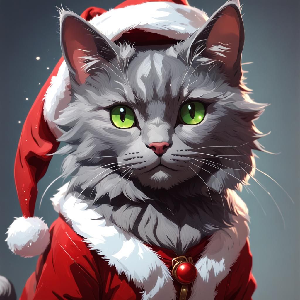 Gray Cat as Santa Claus, Detailed Portrait