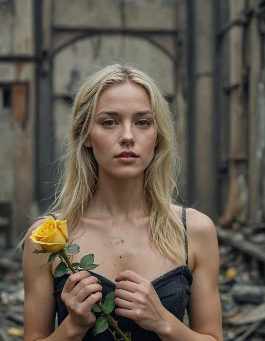 Dystopian Beauty: Woman with Rose in Future Cityscape