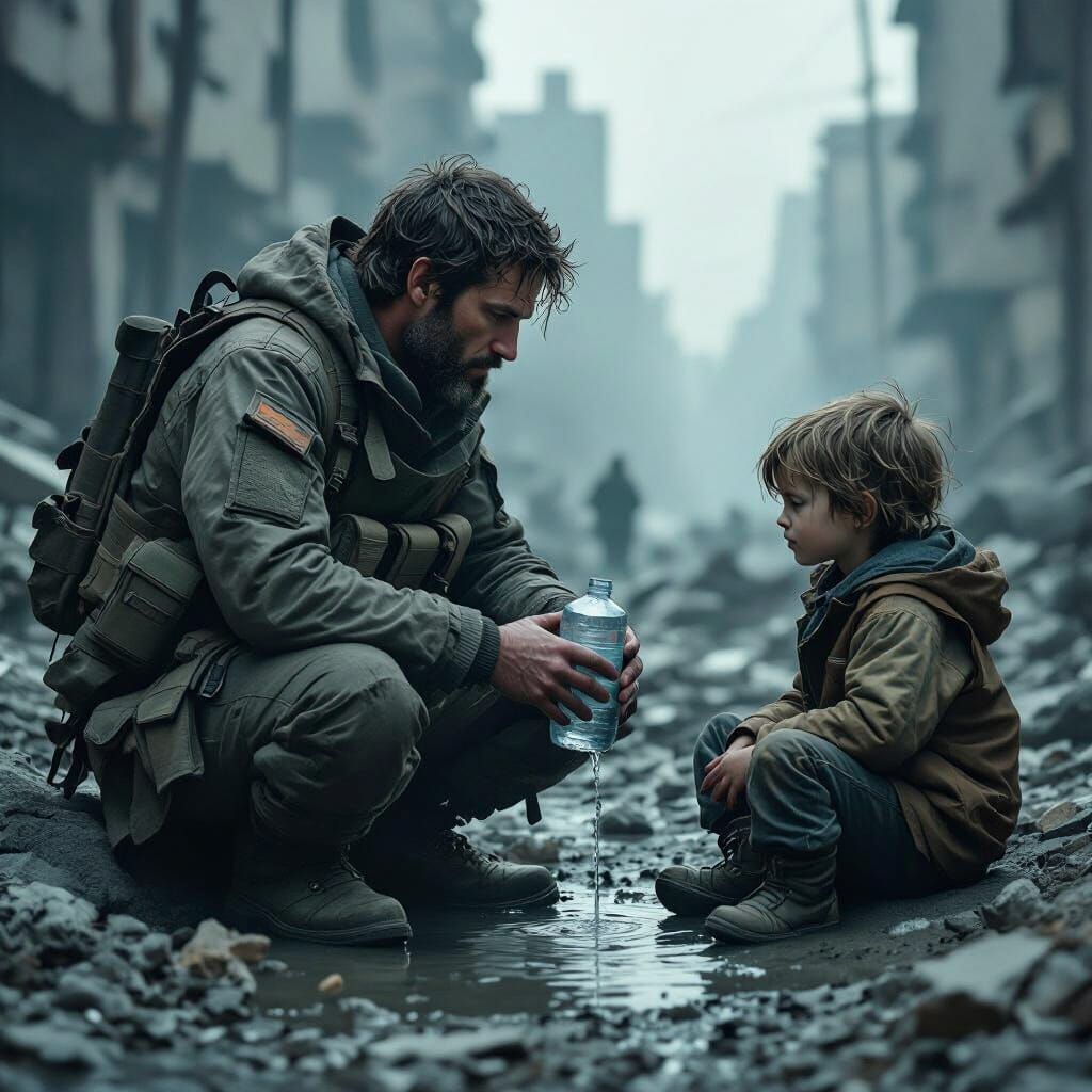 Soldier Shares Water With Child Amidst Post-Apocalyptic Ruin...