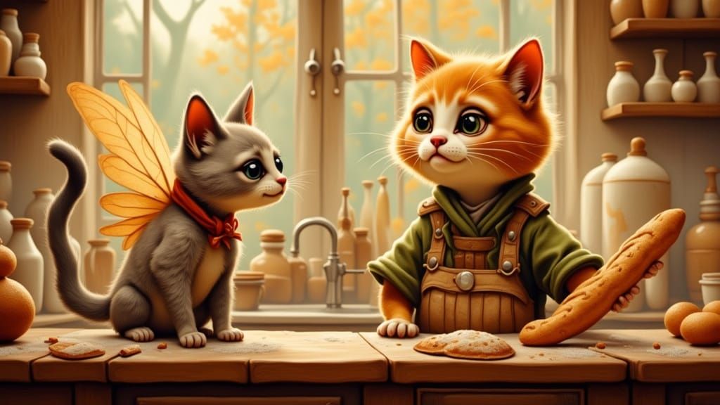 Cat and Fairy in Cozy Kitchen, Storybook Illustration