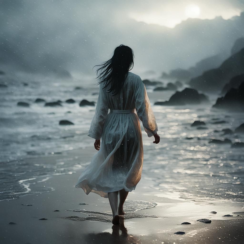 Young Korean Woman Strolls Through Rainy Beach