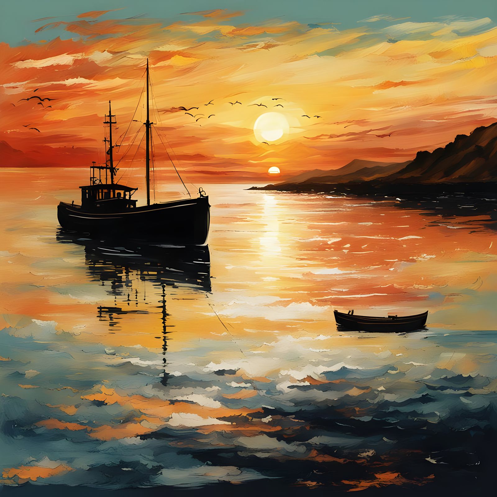 Sunset Over Sea in Romantic Painting Style