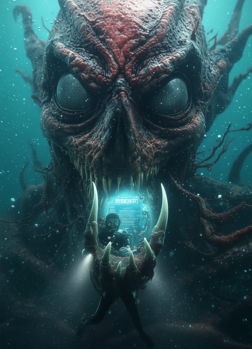 Terrified Scuba Diver Facing Giant Sea Monster