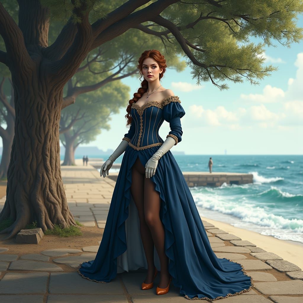 An anime-style young lady is standing under oak tree near sea