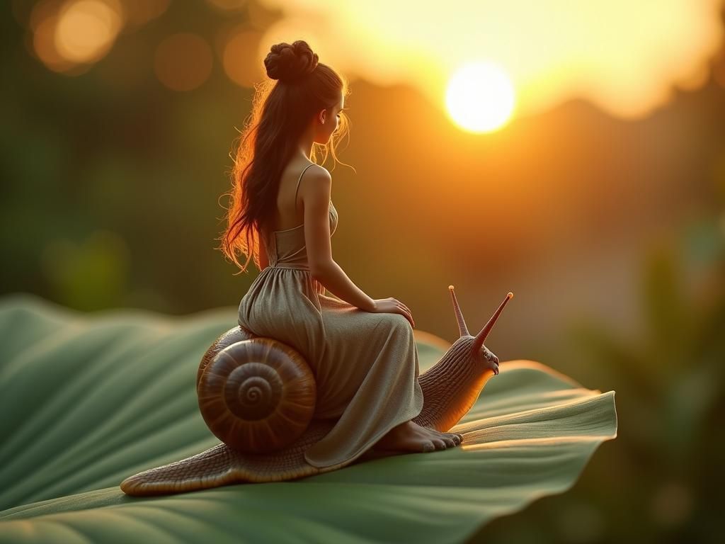 Miniature Woman Rides Snail into Sunset: Hyperrealistic Phot...