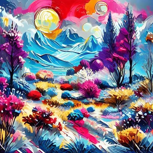 Fantasy Winter Landscape with Red Moon as Oil Painting