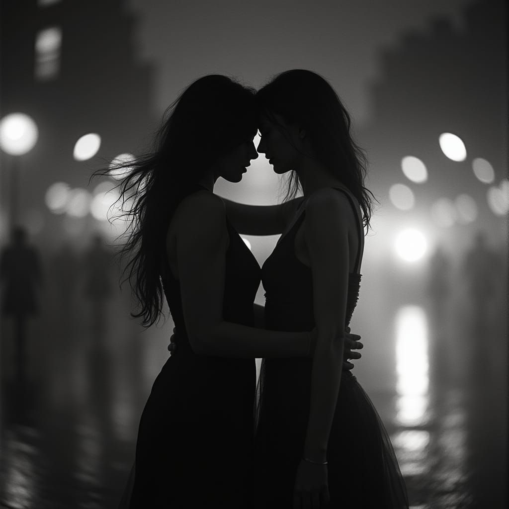 Monochrome Dance: Overlapping Silhouettes in City Night