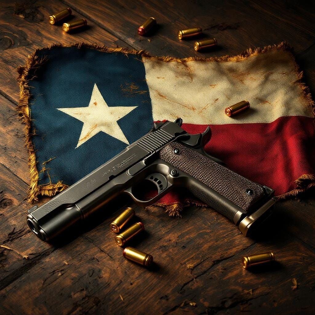 Texas Flag and 1911 Pistol in Matte Painting Style