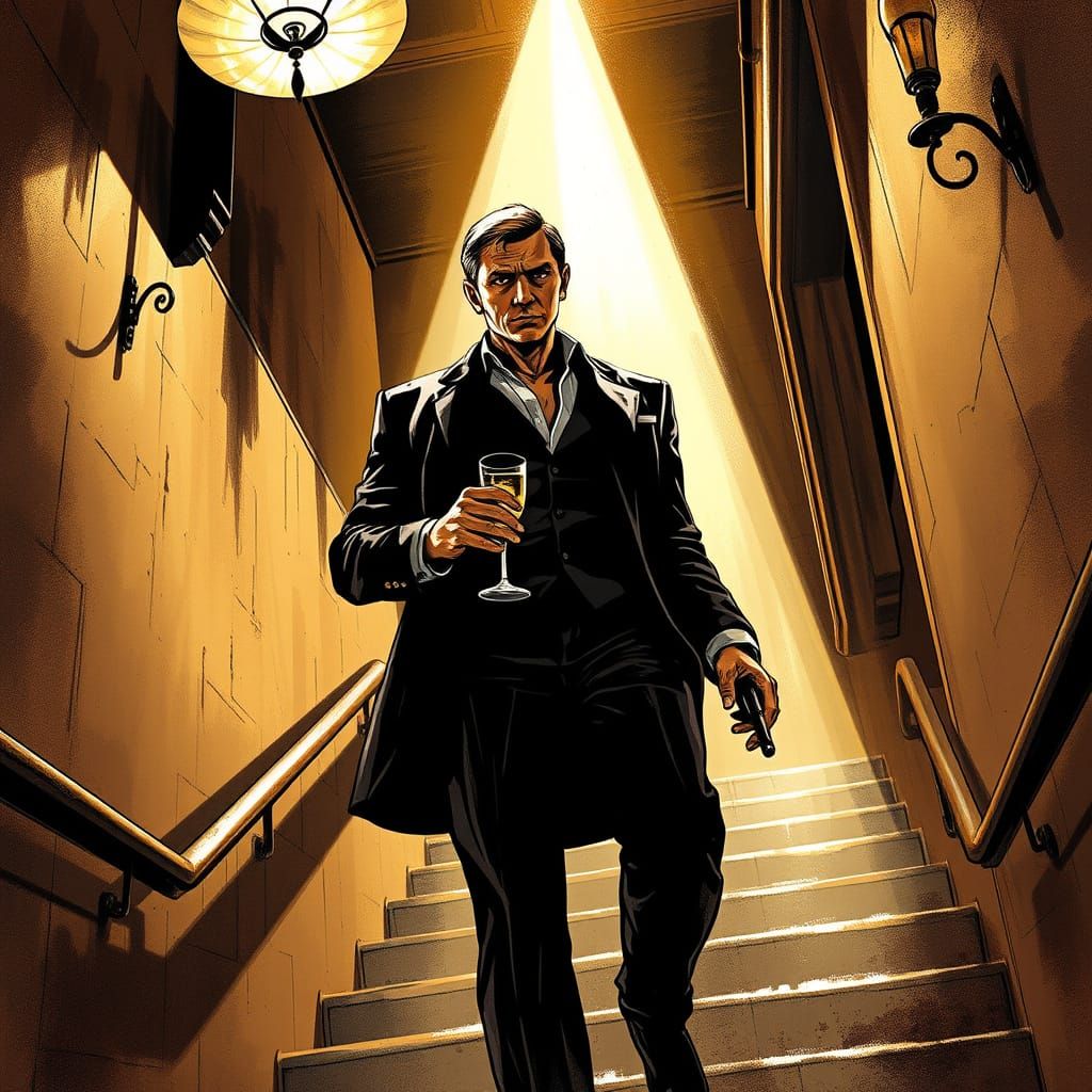James Bond Descends Stairs in Club, Romantic Lighting