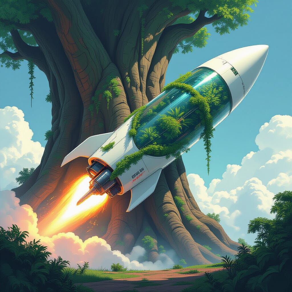 Plant-Powered Eco-Rocket Launch in Futuristic Style