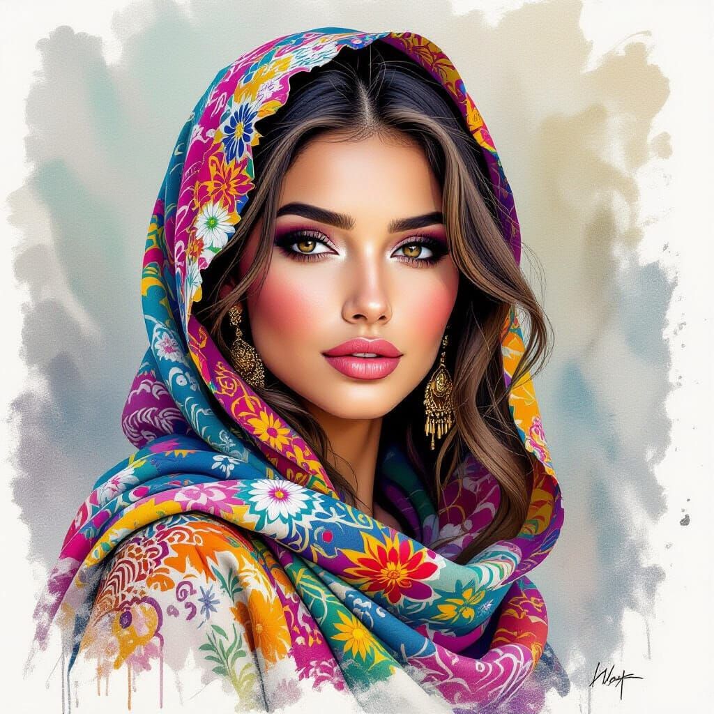 Hyperrealistic Portrait of a Woman in Detailed Colorful Clot...