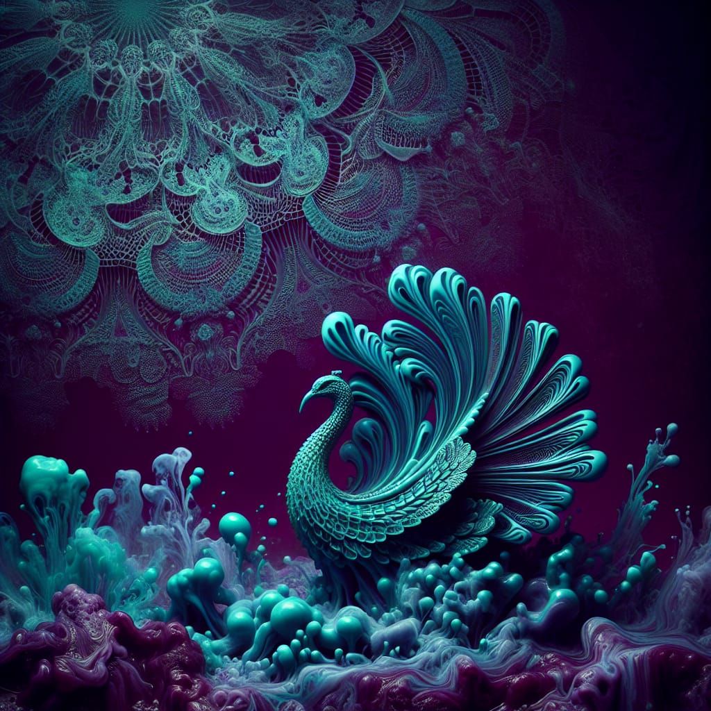 Surreal Teal Peacock Emerges from Deep-Purple Lace