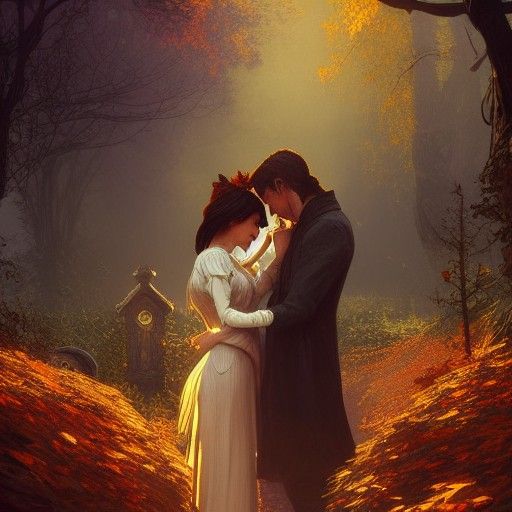 Victorian Proposal in Autumn Graveyard: Digital Art