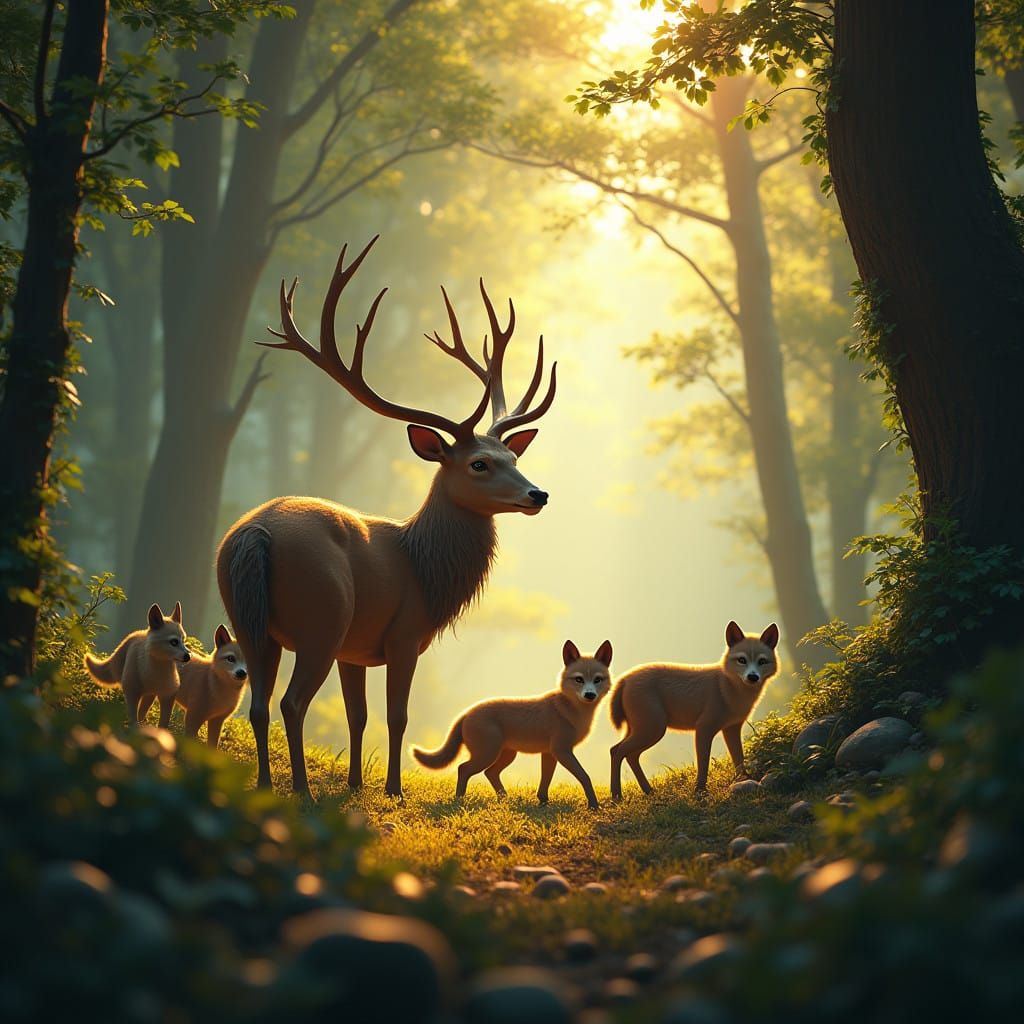 Wolves Gather Around a Serene Deer in a Whimsical Forest Gla...