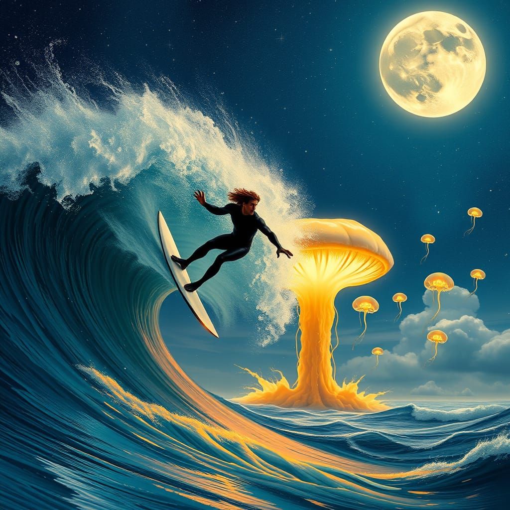 Surfer Defies Gravity Amidst Cosmic Wonder and Nature's Fury