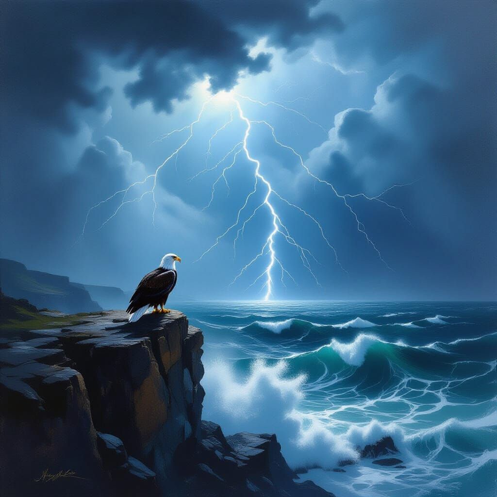 Eagle on Cliff Overlooking Stormy Sea in Oil Painting Style