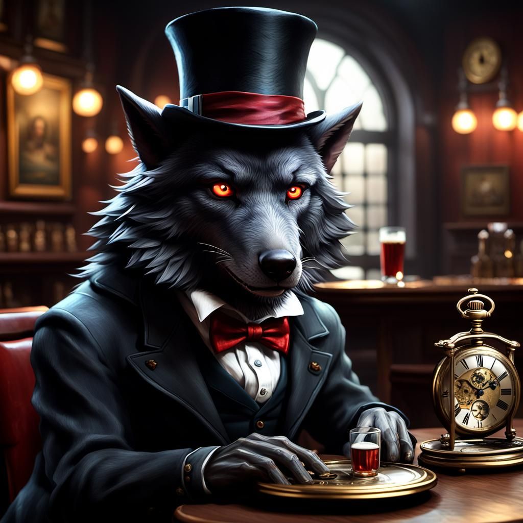 Crimson-Eyed Wolf in Pub, Photorealistic 3D Art