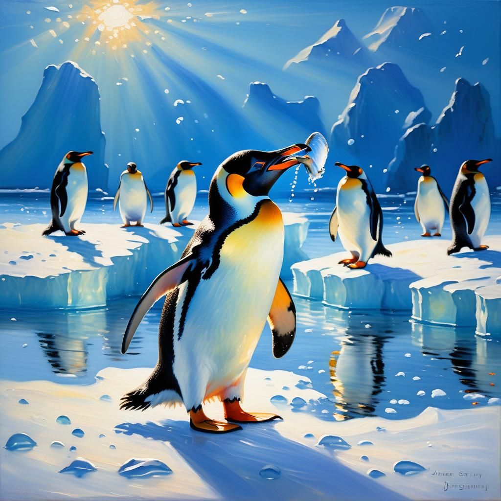 Happy Penguin with Fish: Impressionist Oil Painting
