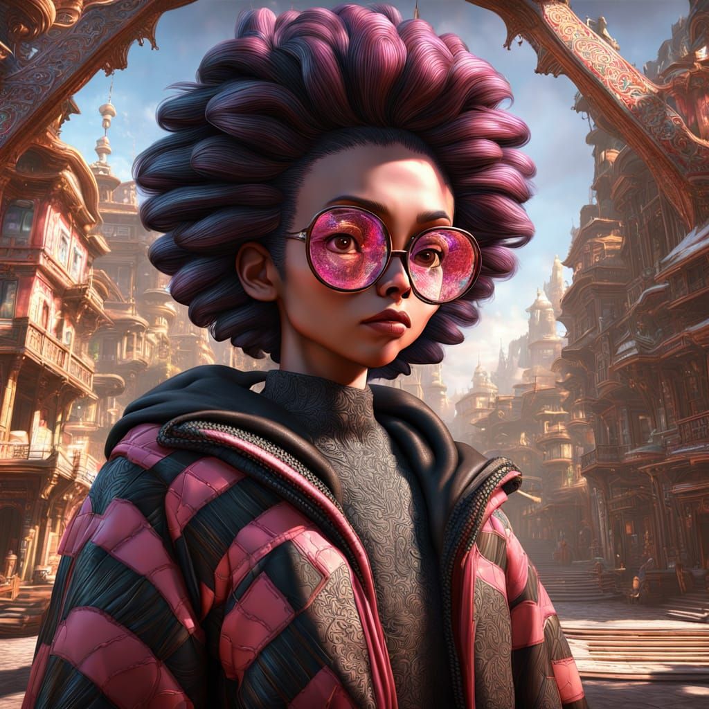 Vibrant Anime-Inspired Portrait of Afro-Wearing College Girl