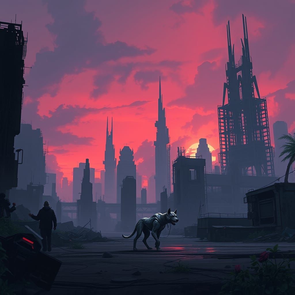 Cybernetic Dog Explores Ruined City Under Twilight Sky