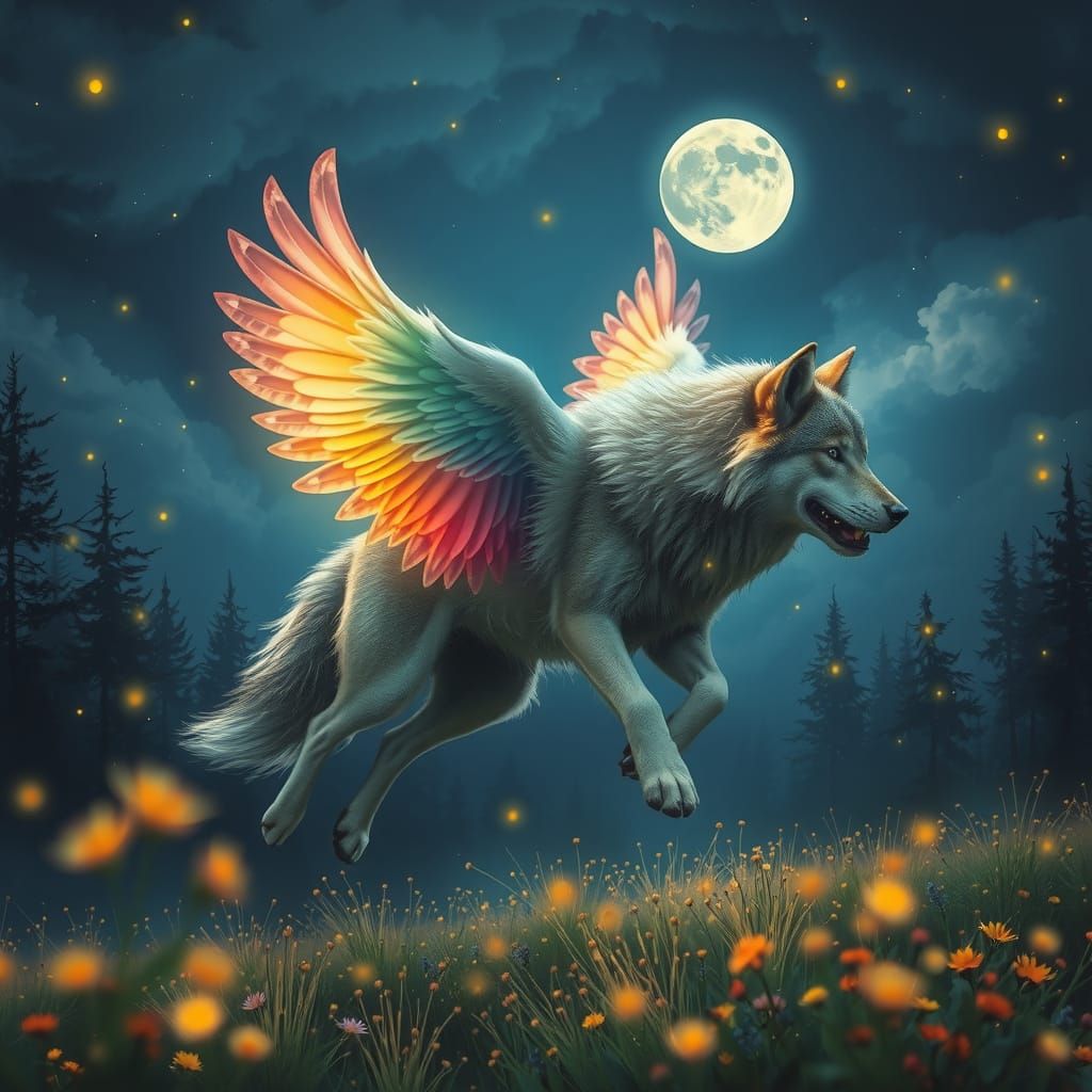 Majestic Wolf Ascends with Rainbow Wings in Ethereal Fantasy...