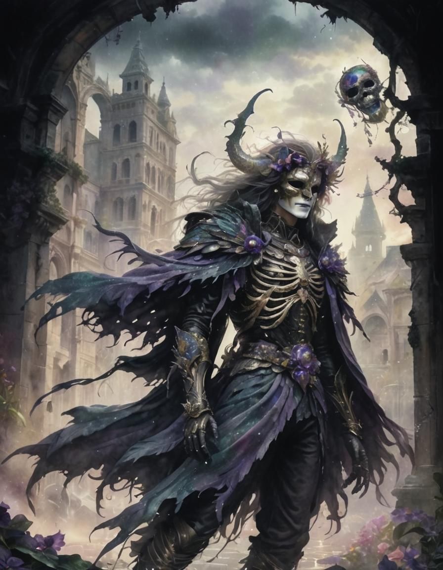 Mystical Creature with Venetian Mask in Watercolor Art