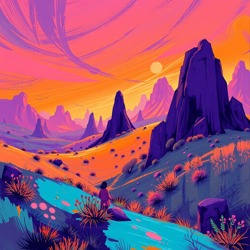 Vibrant Purple and Orange Whimsical Landscape