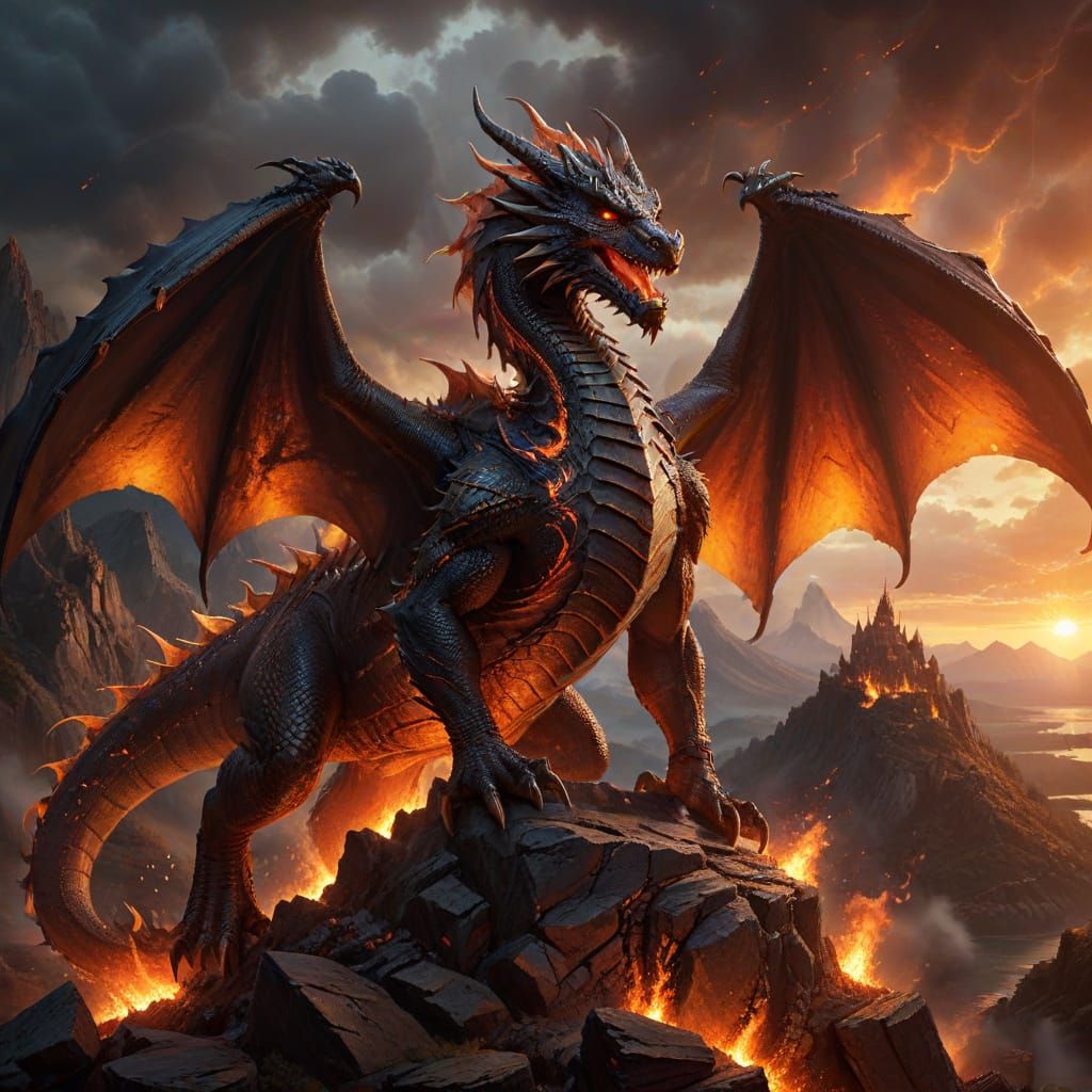 Ancient Dragon Over Fiery Village - Dark Fantasy Art