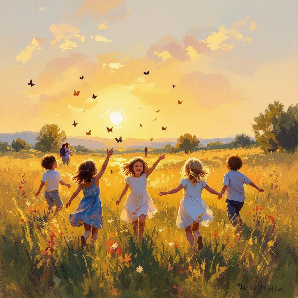 Joyful Children Play at Sunrise Meadow