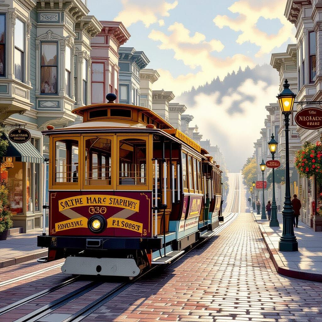 San Francisco Cable Car in Victorian Street, Rockwell Style