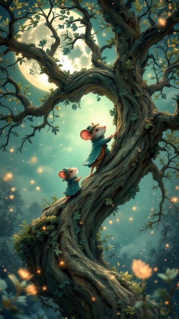 Whimsical Mouse Climbs Enchanted Tree in Fantasy Scene