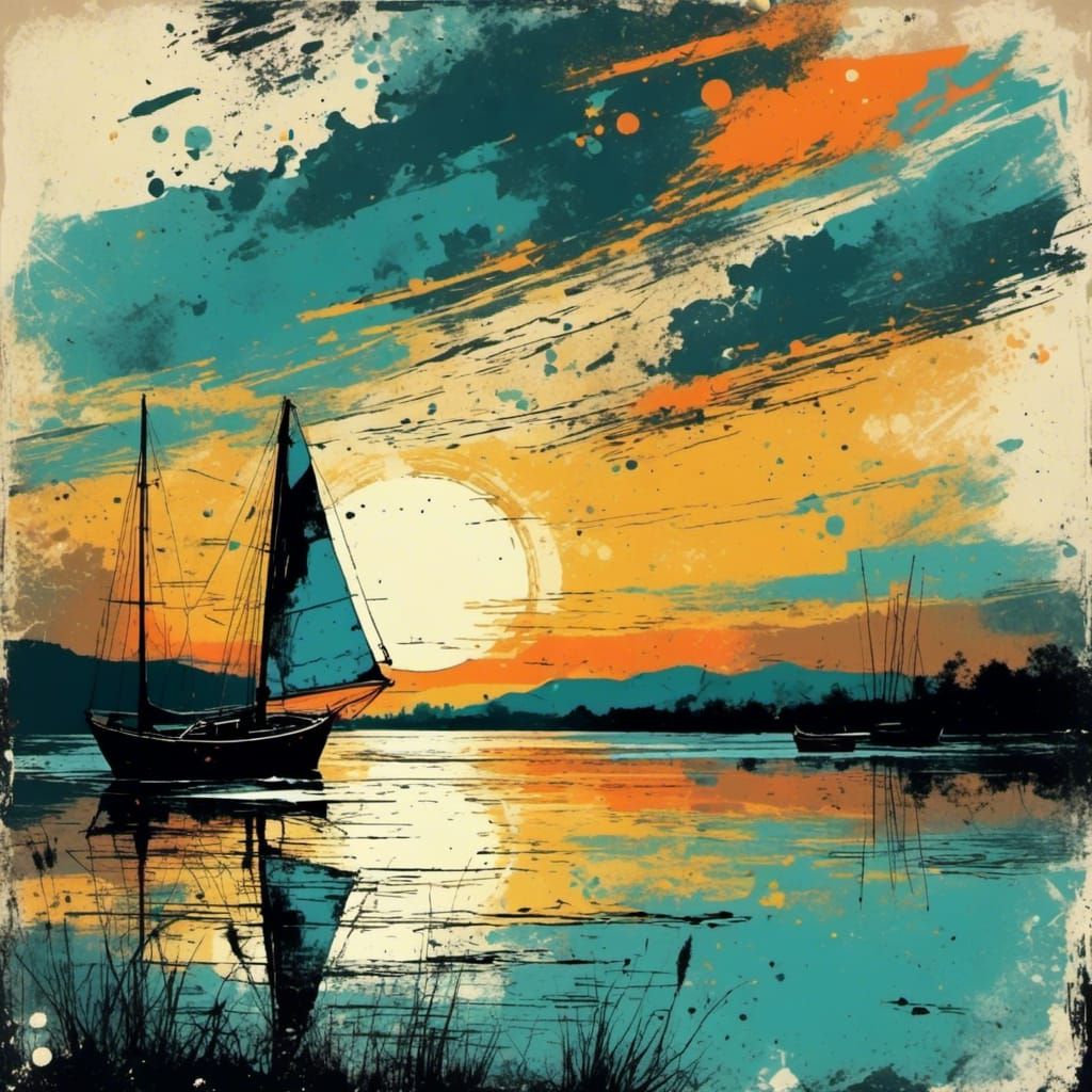 Sailboat at Sunset in Pop Art Grunge Style