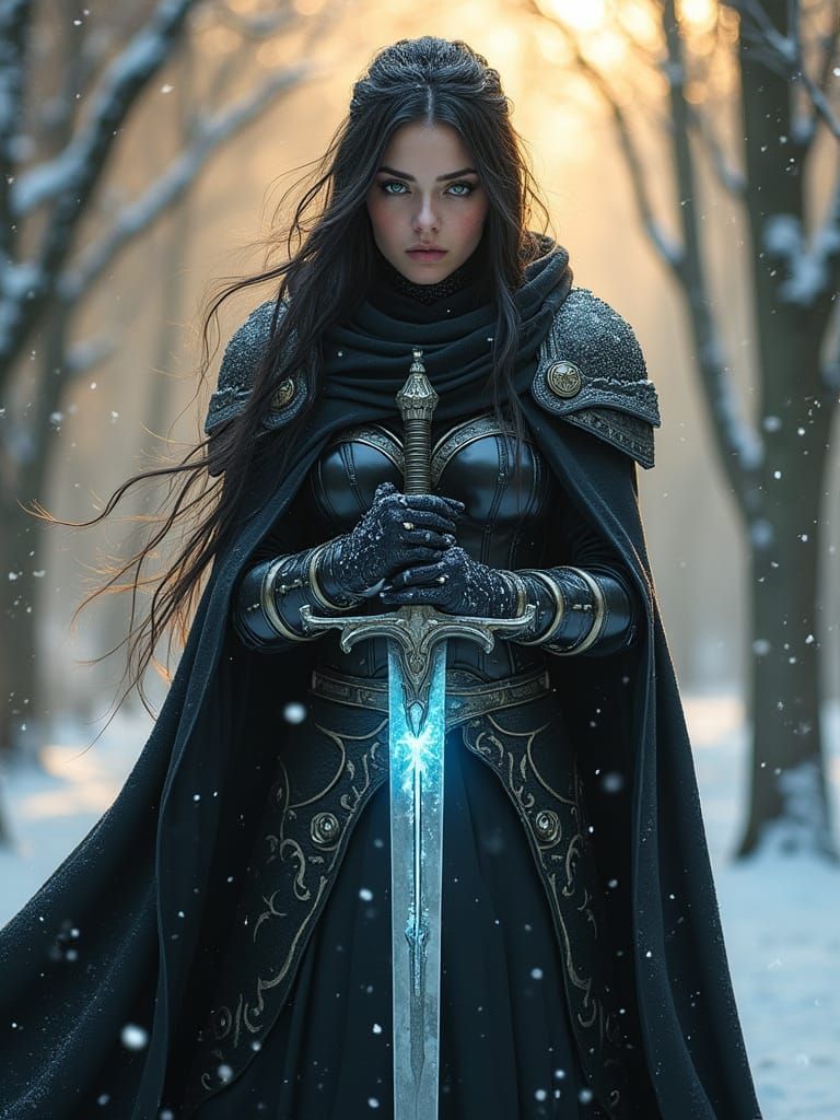 Regal Warrior Queen in Majestic Snowy Forest