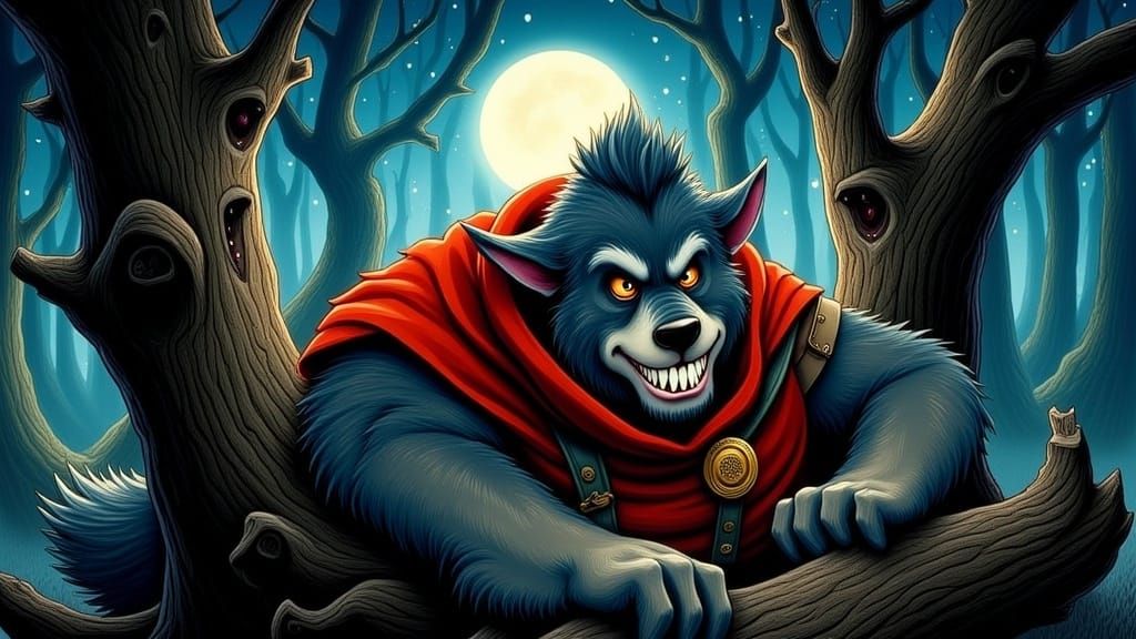 Big Bad Wolf in Whimsical Forest Illustration