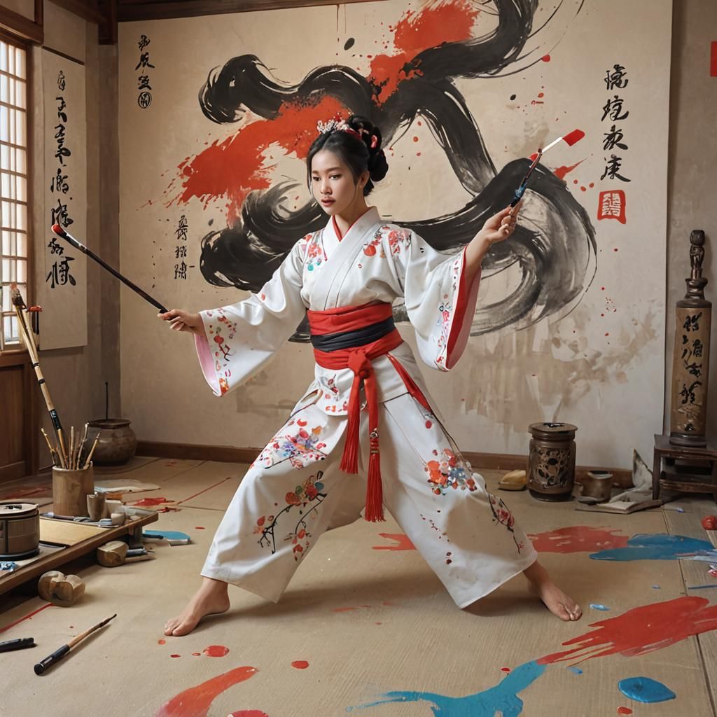 Japanese Princess Dancing with Paint Brush, Impasto Art