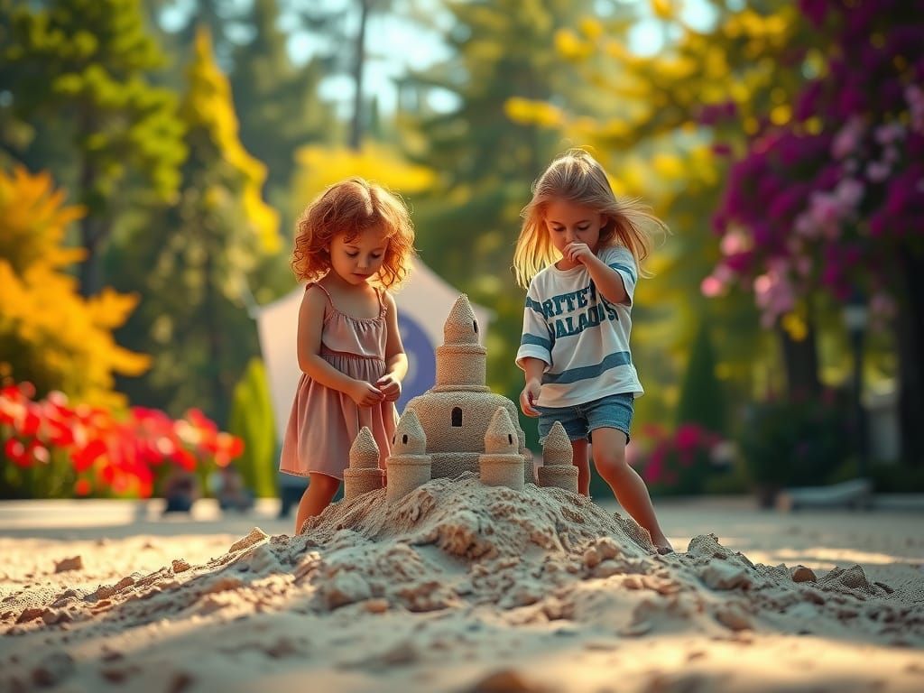 Girls Building Sandcastle: Hyperrealistic Summer Scene